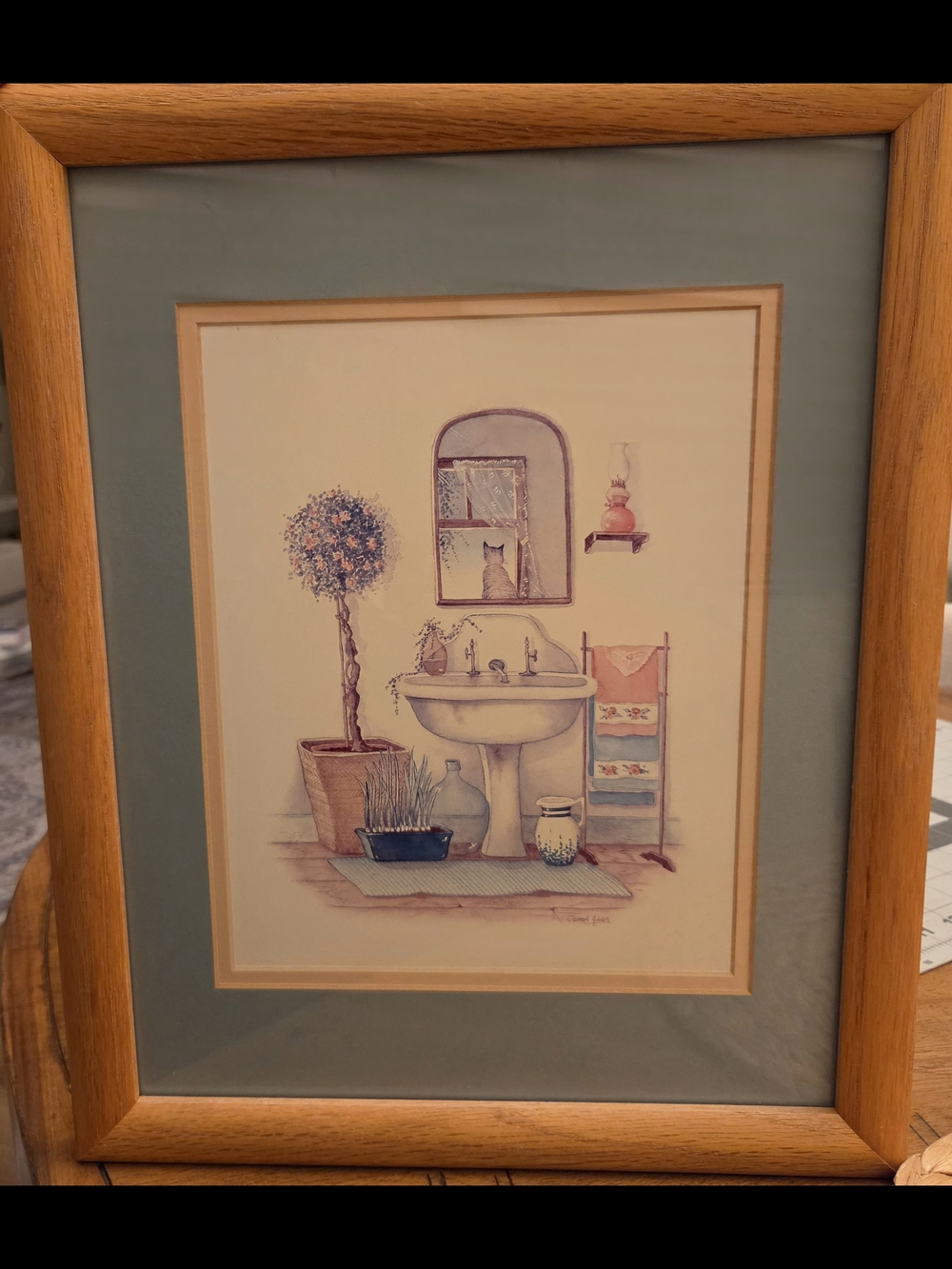 Vintage Carol Green Framed Bathroom Prints Set of 2 Cottagecore Farmhouse Art